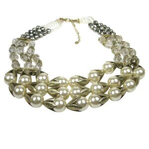 Lydell NYC Simulated Pearl Plastic Bib Necklace Gold Tone Multi Strand Statement